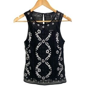 Whimsigoth Tank Top XS Sheer Mesh Floral Embroidered Dark Romantic Boho Chic